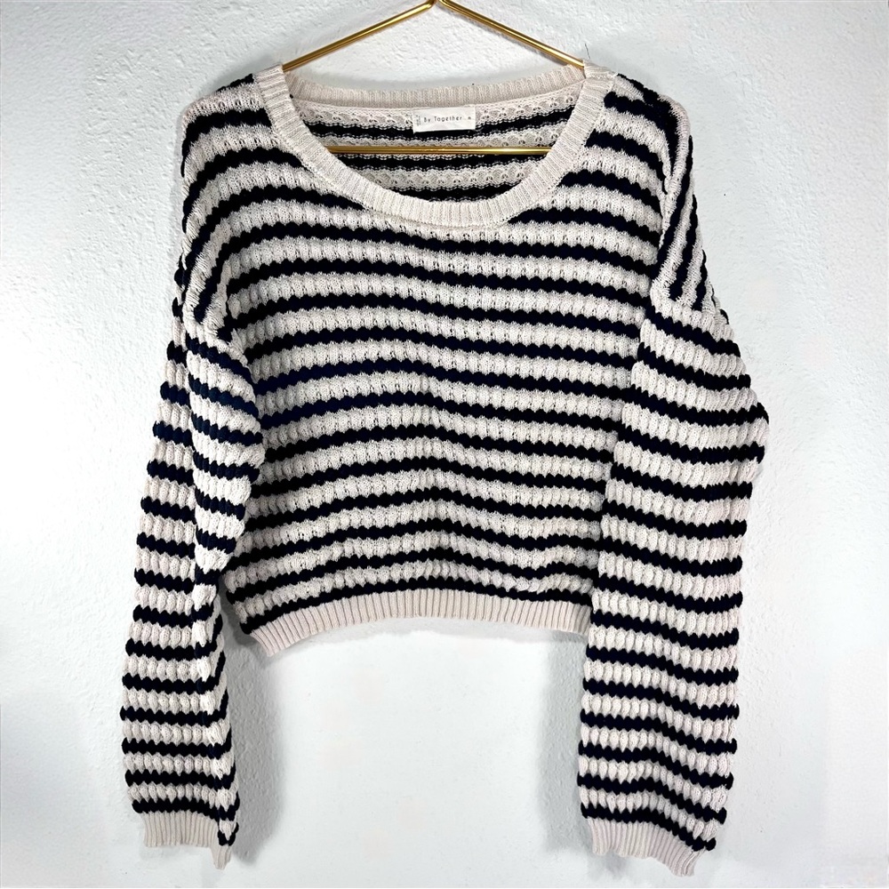 By Together Cropped Pullover Knit Sweater Striped Black & Tan Women’s Size M